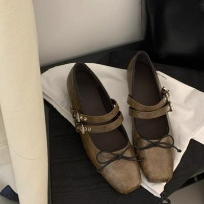 Einzelne Schuhe Mode Quadratische Zehenpartie Flacher Ausschnitt Schleife Metall Riemen zum Hineinschlüpfen Rutschfeste Schuhe mit niedrigem Absatz