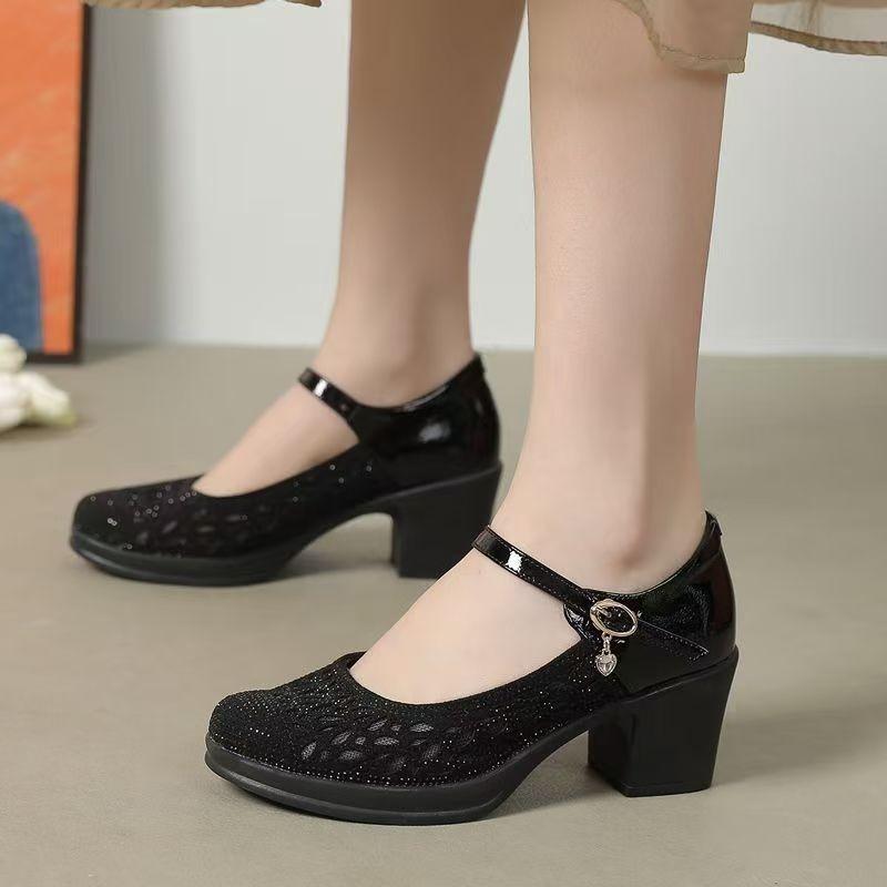 

Rhinestone medium heel single shoes new leather hollow mesh women s shoes hole shoes bag head soft sole breathable single shoes 35 чорний