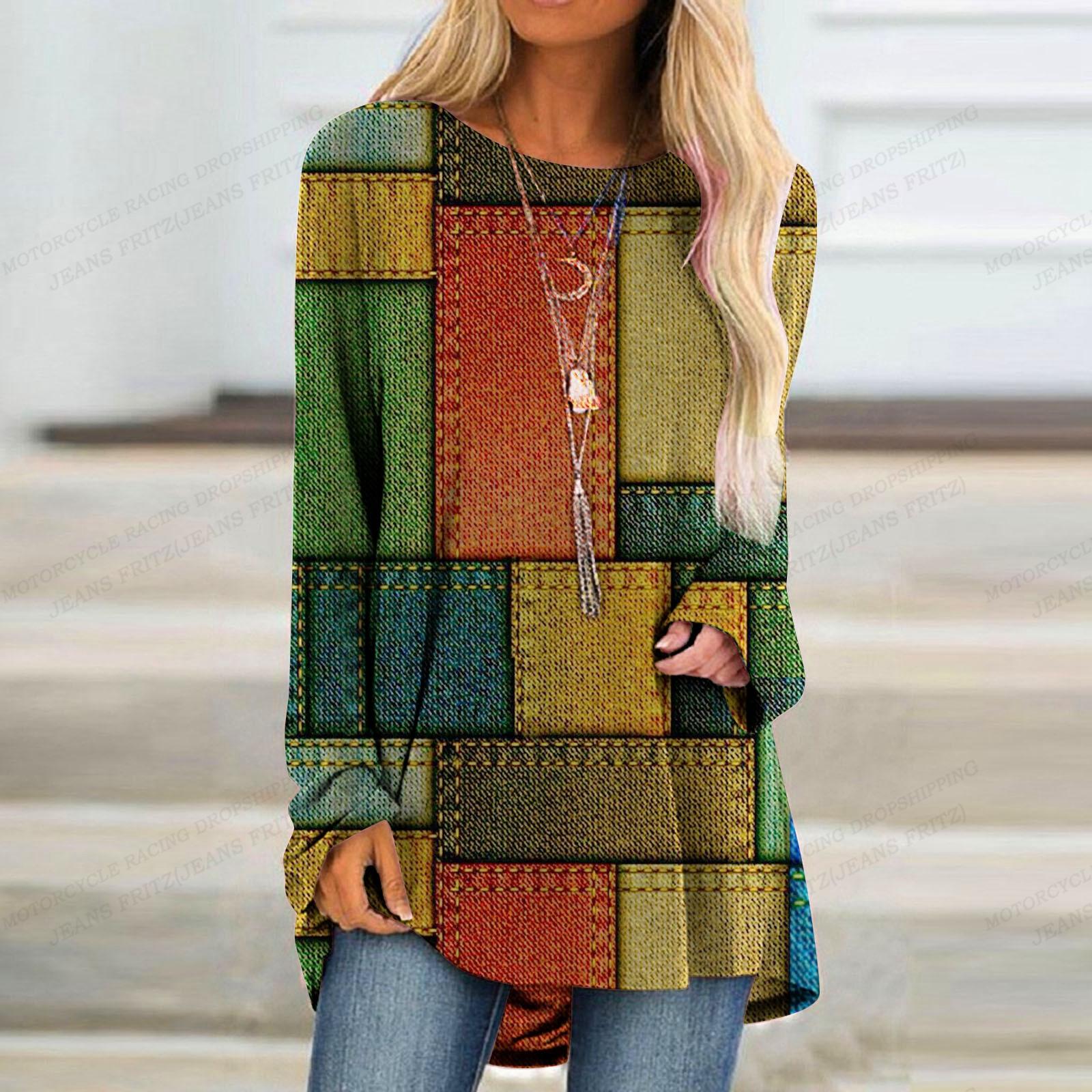 Футболка с узором «Пэчворк», женская футболка, женская модная футболка, цветная футболка, топы с длинным рукавом, футболки, женская футболка, туника, топы для девочек 5XL