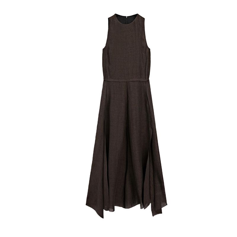 

MD Summer New Product Women s Clothes Wave Style Retro Raw Edge Details Linen Blended Sleeveless Dress 6658592 CHECOLATE L
