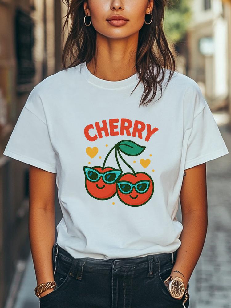 Cool Cherry Couple T-Shirt Cute Fruit Design with Sunglasses Hearts Graphic Tee Unisex T-Shirt S
