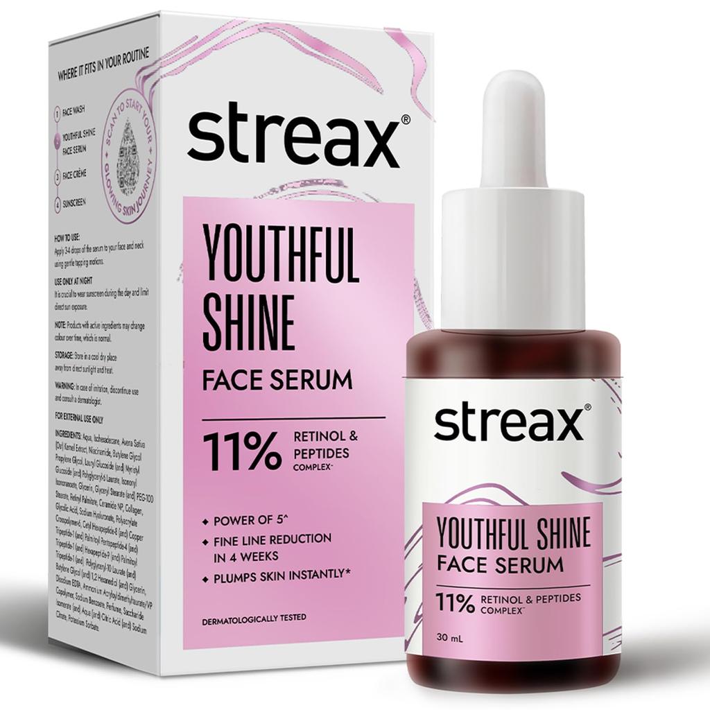Streax Youthful Shine Gesichtsserum 30ml Anti-Aging Retinol Peptid Komplex Reduziert feine Linien Falten dunkle Flecken