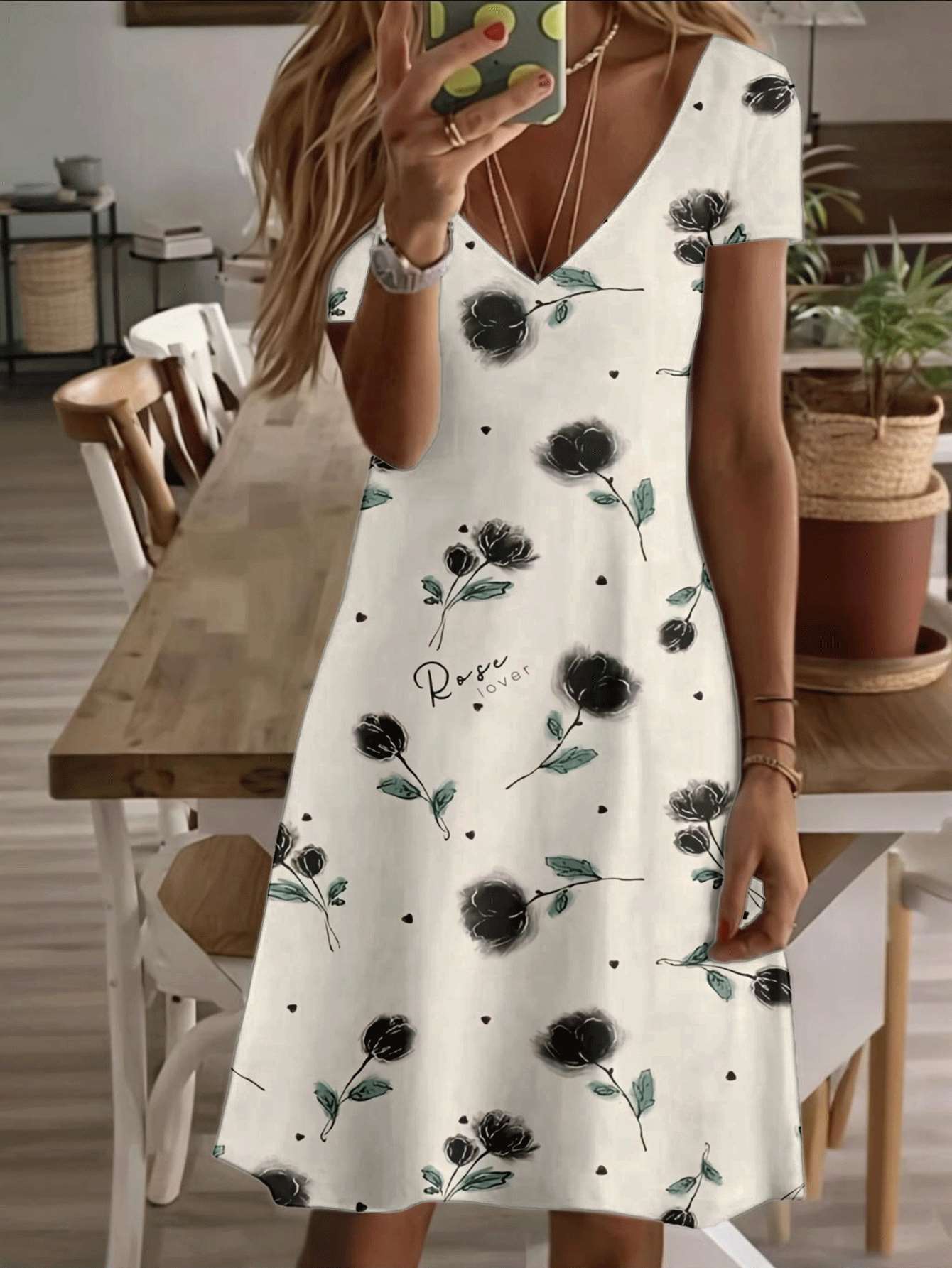 

Vneck shortsleeve midi dress rose floral print pattern 3D premium printing durable casual fashion summer elegant breathable lightweight soft fabric co 6XL дубильная кора