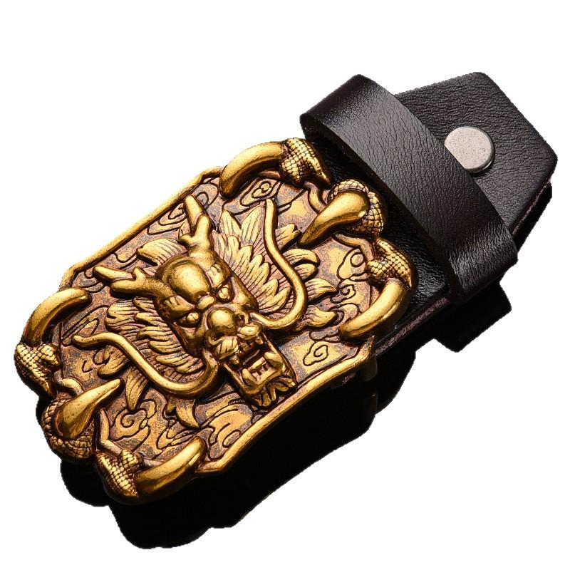Tiger Head Alloy Western Cowboy Leather Belt with Smooth Buckle