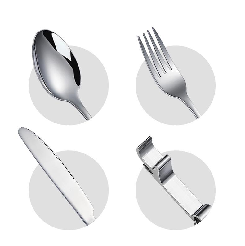 Stainless Steel Travel Cutlery Set: Knife, Fork, Spoon, Bottle Opener with Portable Storage Bag for Outdoor Camping