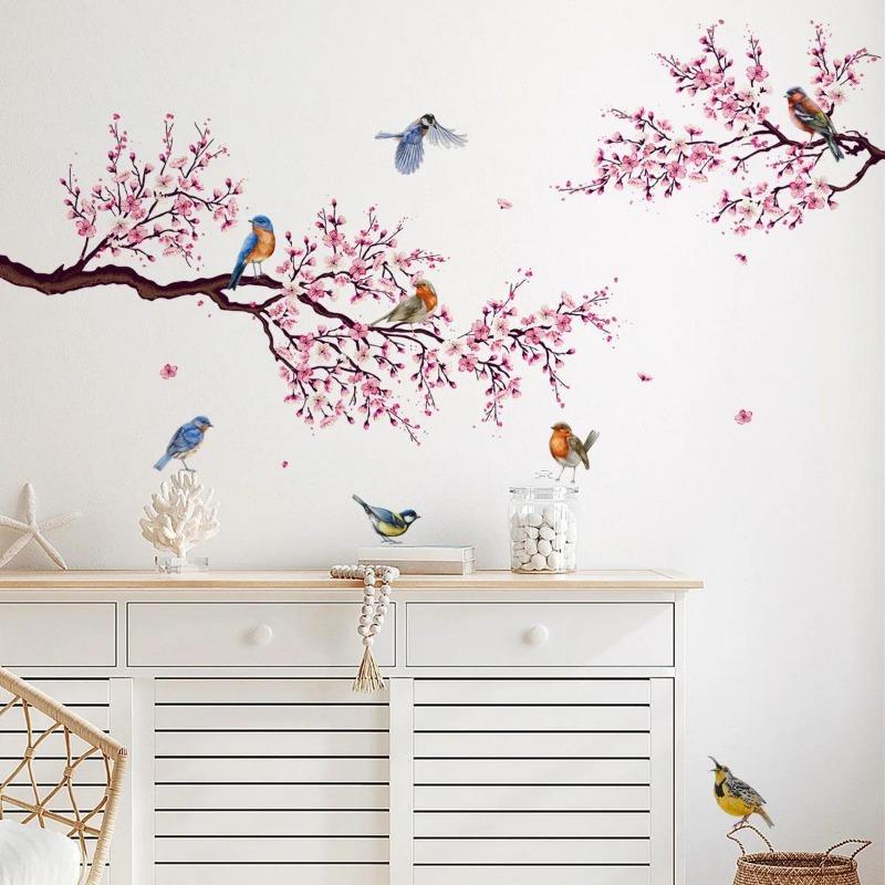 Rosa Pfirsichblüte Blumen Zweig Vögel Floral Wandaufkleber für Schlafzimmer Wohnzimmer Möbel Hintergrund Wandtattoos Wandbilder PVC