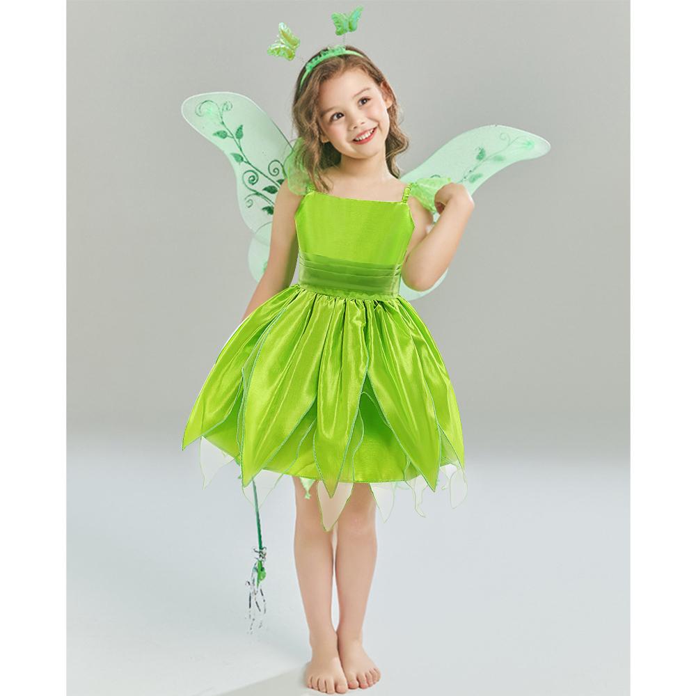 Kids Girl Cosplay Bell Costume Halloween Role Playing Green Dress Fancy Fairy Princess Cosplay Birthday Party Dresses Knee Lengt