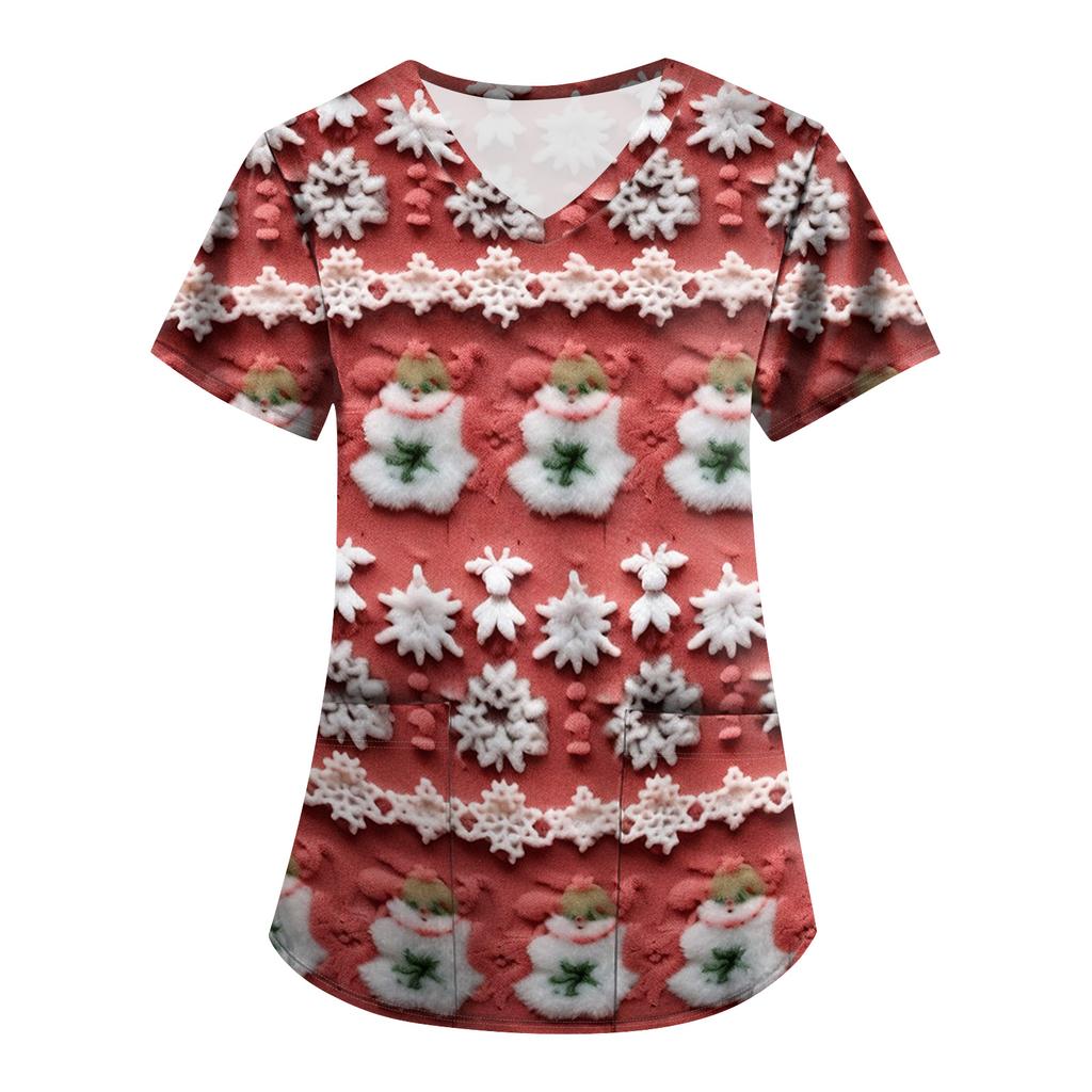 Plus SizePrinted Scrub Working Uniform Tops For Women's Cross V-Neck Print Short Sleeve Fun T-Shirts Workwear Tee With Pockets