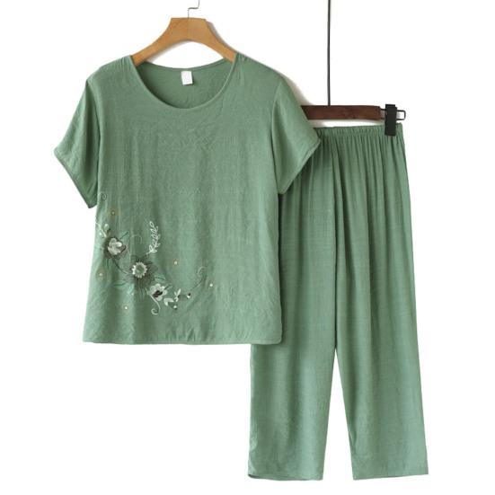 2Pcs/Set Middle-aged Mother Casual Top Cropped Pants Set Print Flower Print O-neck Short Sleeve Pleated Elastic Waist Wide Leg Daily Outfit