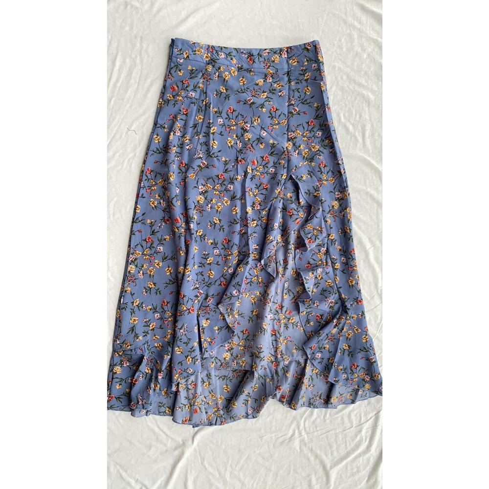 Women's High Waist Midi Skirt Regular Fit Floral Print Ruffle Irregular Side Slit Spring Casual Chiffon Skirt