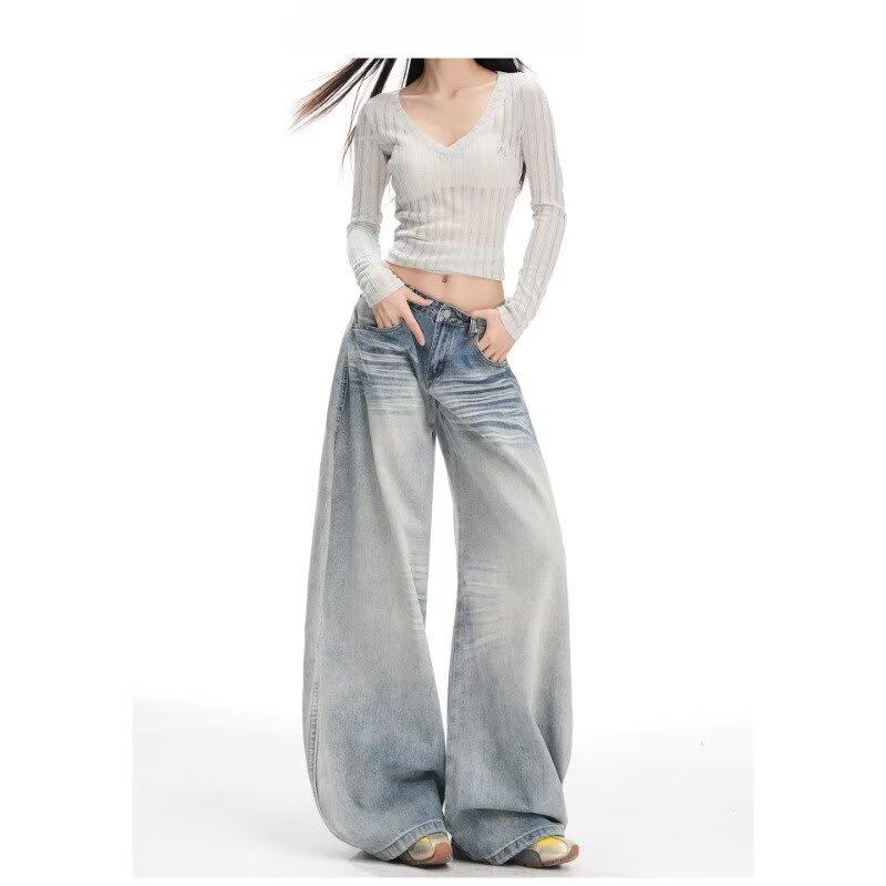 Blue washed scimitar jeans women's new pocket embroidery design three-dimensional cat whisker loose and thin wide-leg pants