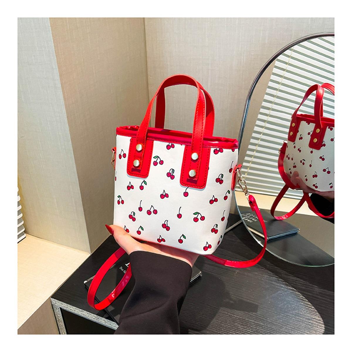 

Модная женская сумка-тоут большой вместимости с милым принтом свежей вишни, маленькая квадратная сумка через плечо для поездок на работу красный