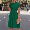 QICED Spring Summer Solid Color Print Short Sleeve POLO Neck Slim Shirt Lace-up Dress