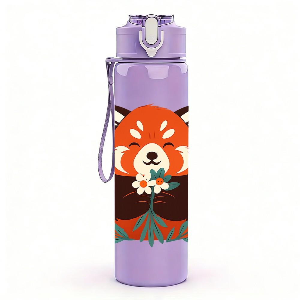1PC Floral Red Panda 750ml Color Plastic Sports Water Bottle Leakproof Flip Straw Lid Suitable for Sports Office Home Use