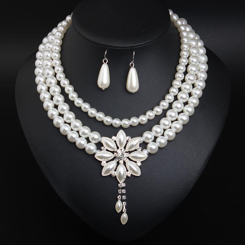 

Multi - Layered Pearl Flower Necklace And Earrings Set For Women Fashion Jewelry 21cm - 50cm
