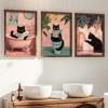 Set di 3 stampe su tela con gatti stravaganti, Poster vintage rosa con umorismo per il bagno, Ritratti di animali senza cornice, Interno moderno retrò W