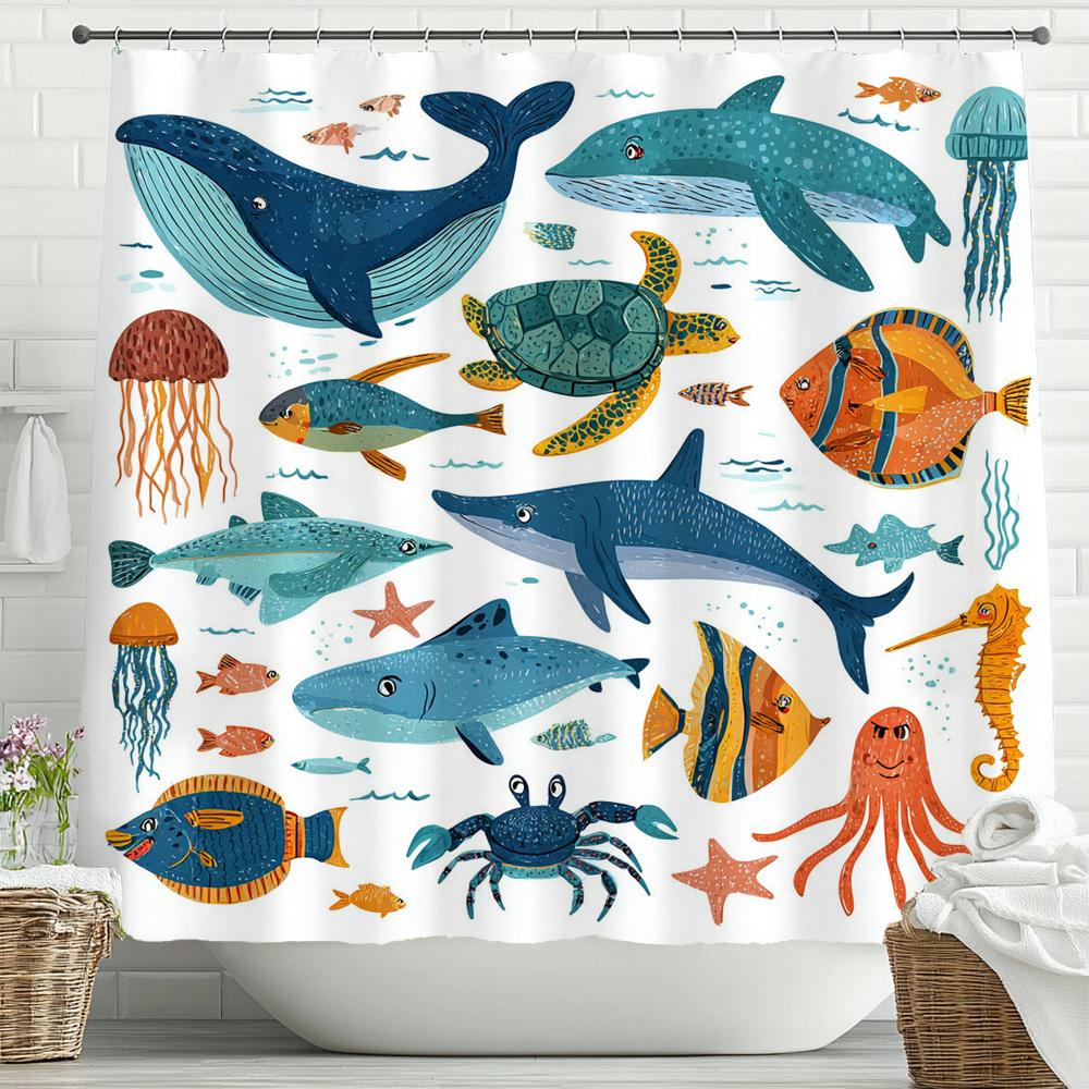 Cartoon Blue Sea Dolphin Underwater World Printed Shower Curtain, Bathroom Shower Curtain, Home Decorative Curtain With Hooks