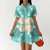 Women Casual Loose Fit Button Front Shirt Dress Hawaiian Print Short Sleeve Collared Summer Dress