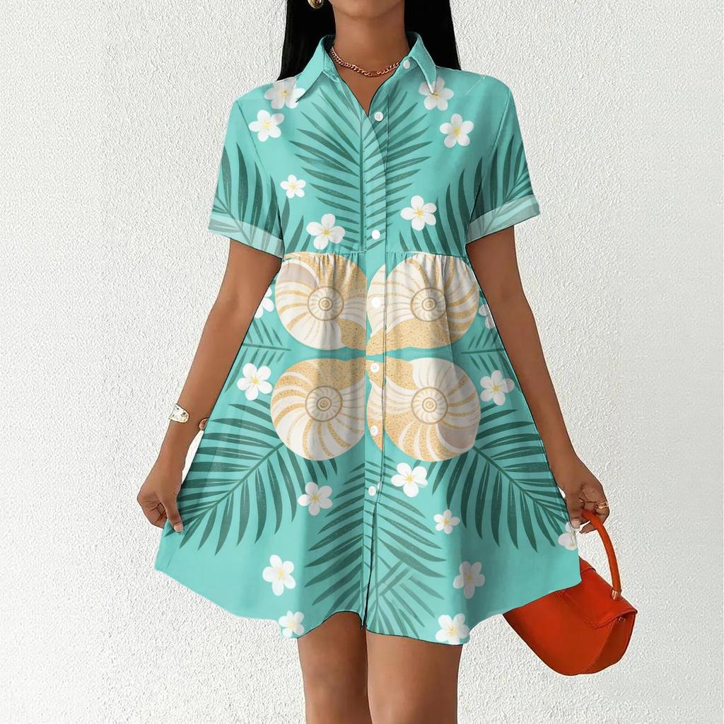 Women Casual Loose Fit Button Front Shirt Dress Hawaiian Print Short Sleeve Collared Summer Dress