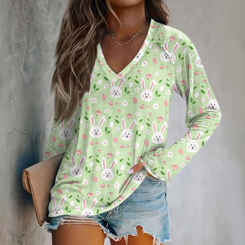 Women's Long Sleeve Plunger Sleeve Easter Print Casual Top T-Shirt