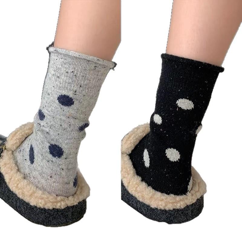 Cute Polka Dot Socks Women'S Season Wool Mid-Tube Socks Dot Yarn Thickened Warm Socks Rolled Hem Stacked Socks