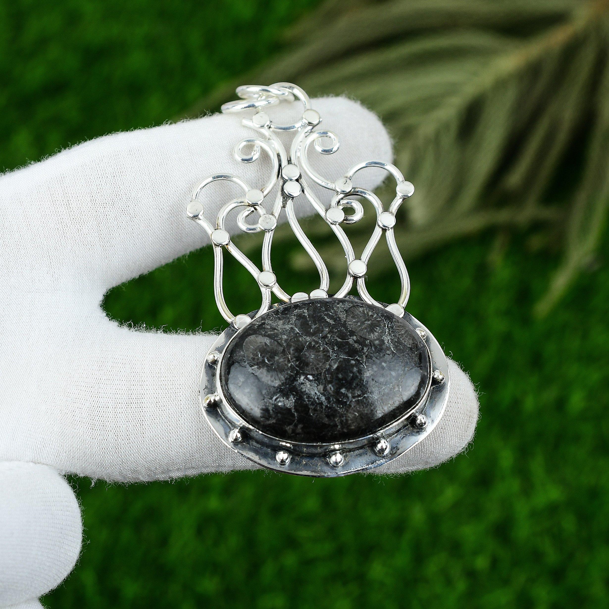 

925 Sterling Silver Oval Natural Black Fossil Coral Root Chakra Pendant Jewelry