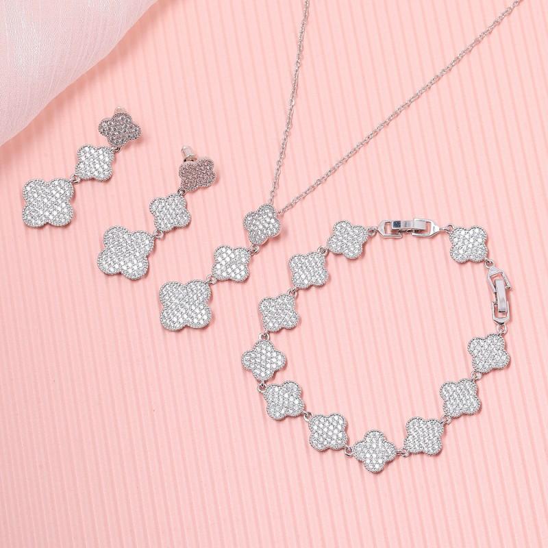 Elegant Long Clover Necklace Earring Bracelet Set With Full CZ Zircon Stones Sterling Plated