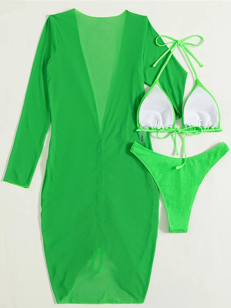 Sexy Dress Bikini Women Black Green Long Sleeve Pleate Cover Up 3 Piece Swimsuit Summer Bathing Suit Triangle Swimwear 2025