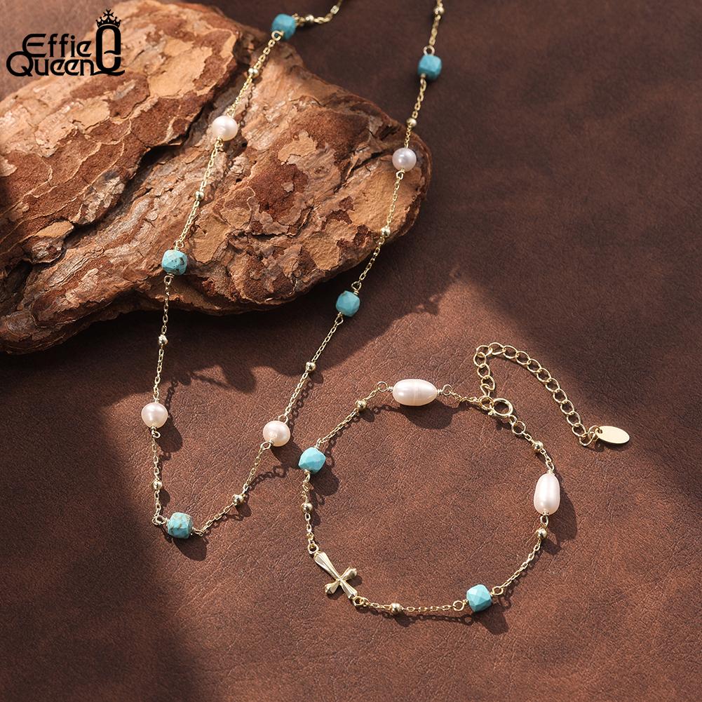 EFFIE QUEEN 925 Sterling Silver Simple Turquoise Choker Necklace with Natural Pearl Bead Chain Jewelry Gift Accessories MPN12