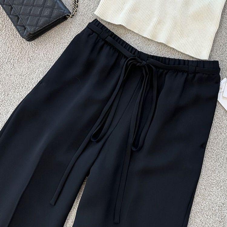 Ice Silk Black Wide-Leg Women's Pants - 2025 Summer Style, New Drapey Straight-Leg, Casual Loose Fit with Sun Protection