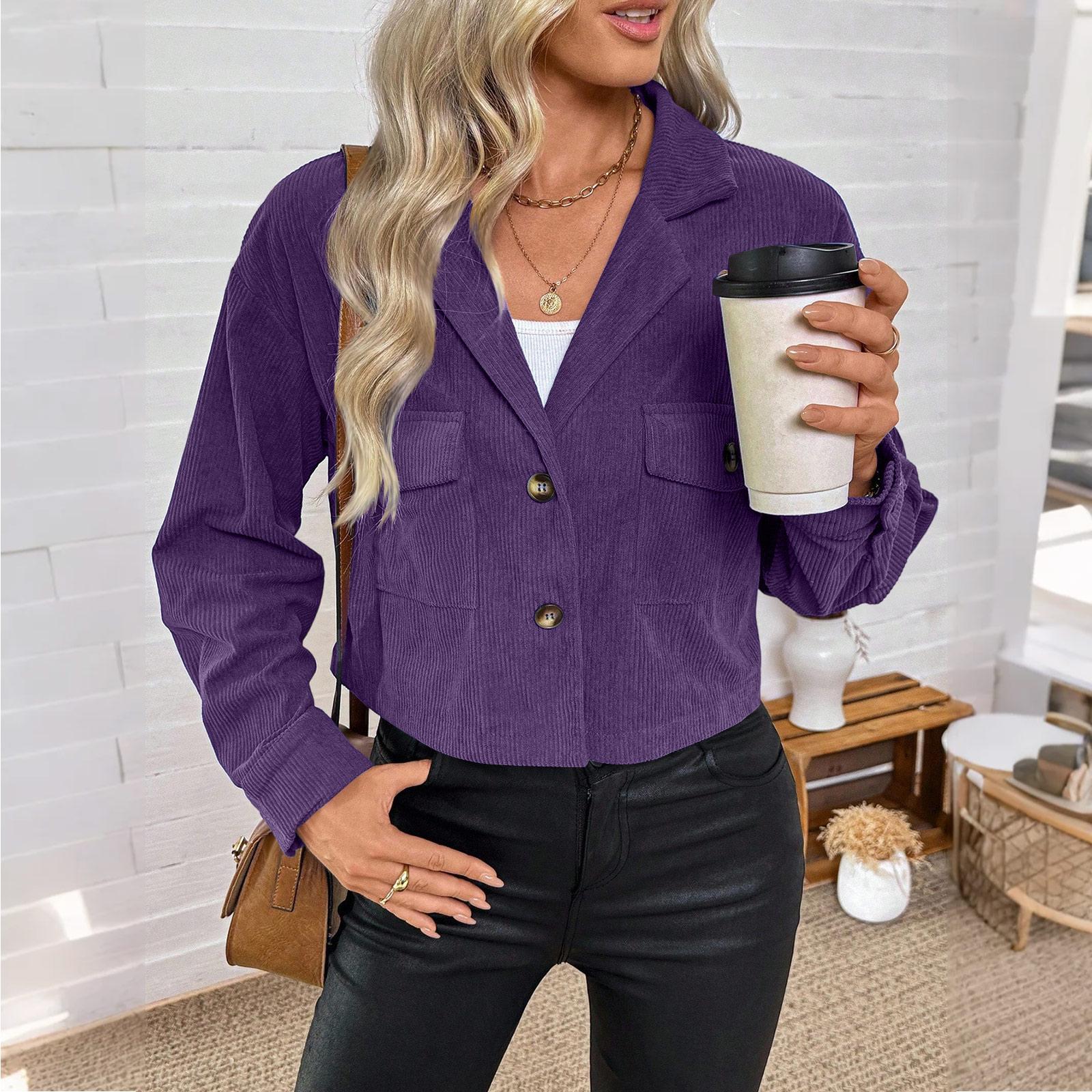 

Women s Casual Solid Color Long-sleeved Short Jacket Loose Corduroy Top XL фиолетовый