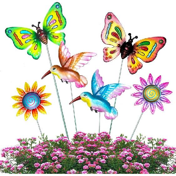 6PC Metal Spring Garden Decoration Stakes for Plant Pot Yard Decor Yard Stakes Christmas Decor for Metal Yard Art Flower Stick for Outdoor and Garden