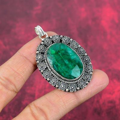 Emerald Pendant Handmade Gemstone Jewelry, 925 Solid Sterling Silver Pendant Unique Design Jewelry