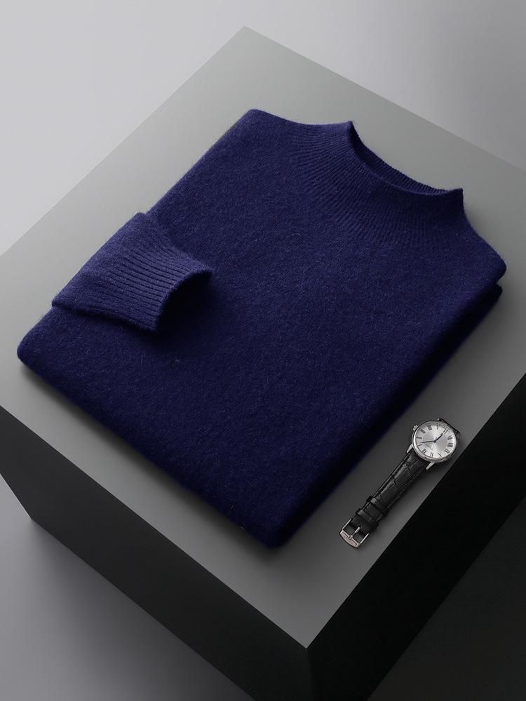 Men's Pure Wool Half-High Collar Solid Color Pullover Sweater - Loose, Plus Size, Warm Knitwear