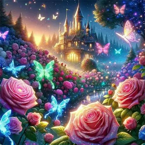 Diamond Painting Kit Ros Fjäril Helt Fyrkantig Rund Broderi Mosaik Slott Landskap Heminredning