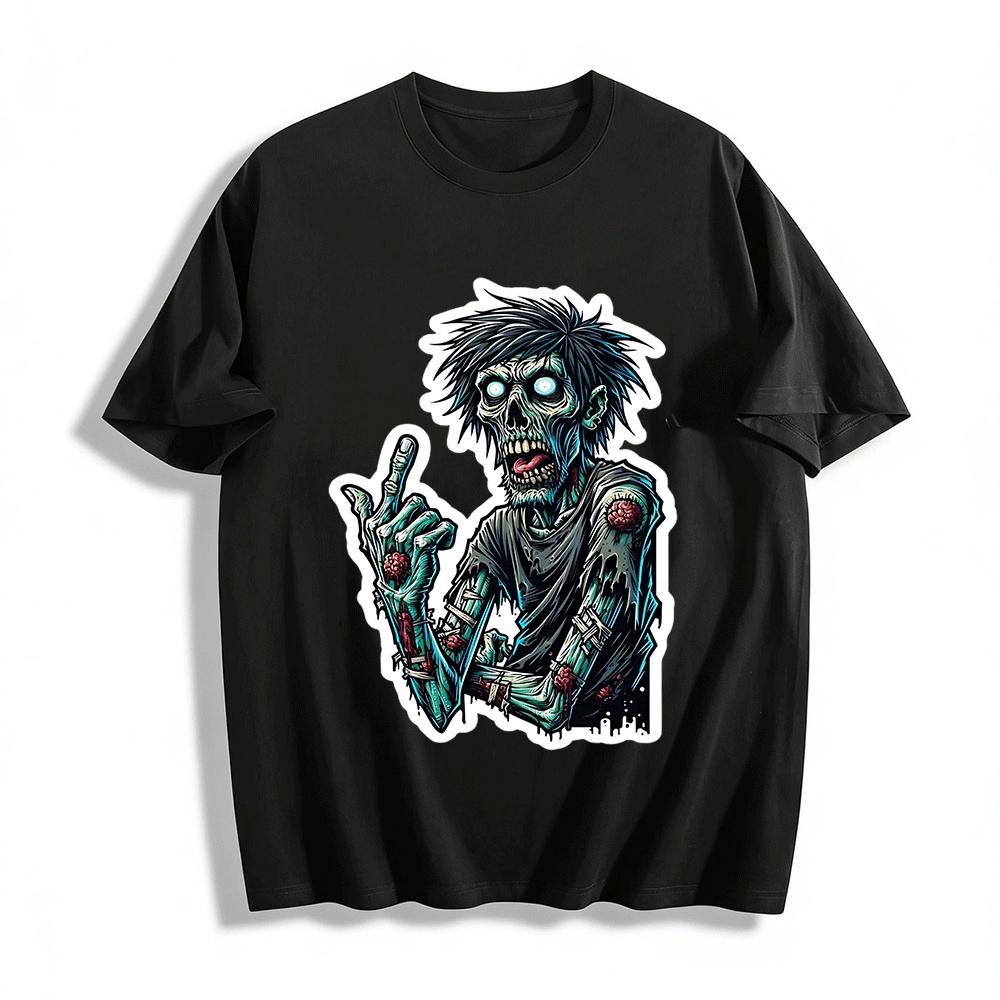 Middle Finger Zombie Print T-shirt Halloween Dark Style Unisex Top Pure cotton T-shirt XXS