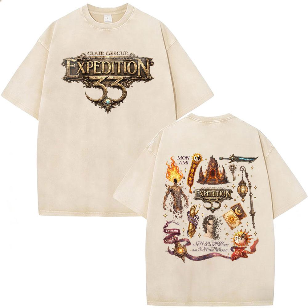 Game Clair Obscur Expedition  Graphic Vintage Washed T Shirt Men Women Clothing Fashion Oversized Cotton Short Sleeve Tshirts