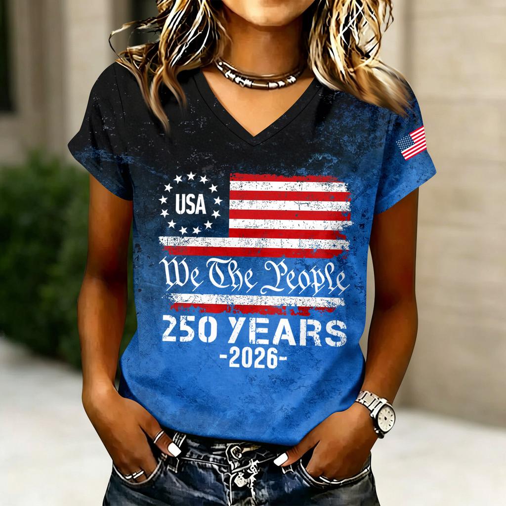 Women's V-Neck Short Sleeve T-Shirt - Anniversary 1776-2026 Letter Print, Casual Summer Top Tee