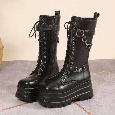 Mode Übergröße 43 Herbst Damenstiefel Schnalle Runde Zehe Keilabsatz Plateau-Stiefel Punk Goth Damen Straßenschuhe Stiefel für Damen