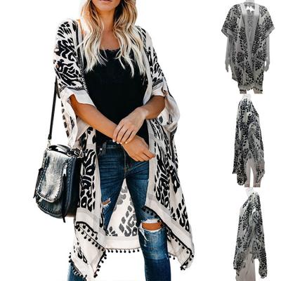 Tassle Ball Sun Protection Plavky Cardigan Half Sleeve Women Boho Printed Beach