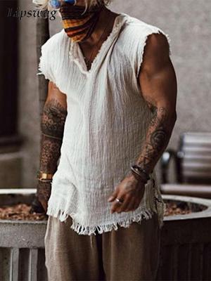 Top Vintage in Cotone Tinta Unita Uomo Casual Senza Maniche Scollo a V Canottiere Larghe 2025 Estate Abbigliamento Uomo Moda Gilet Streetwear
