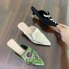 Embroidery Half Drag Women's Shoes New Embroidery Flower Retro Half Drag Fashion Pointed Flat Bottom Sandals Women's Shoes