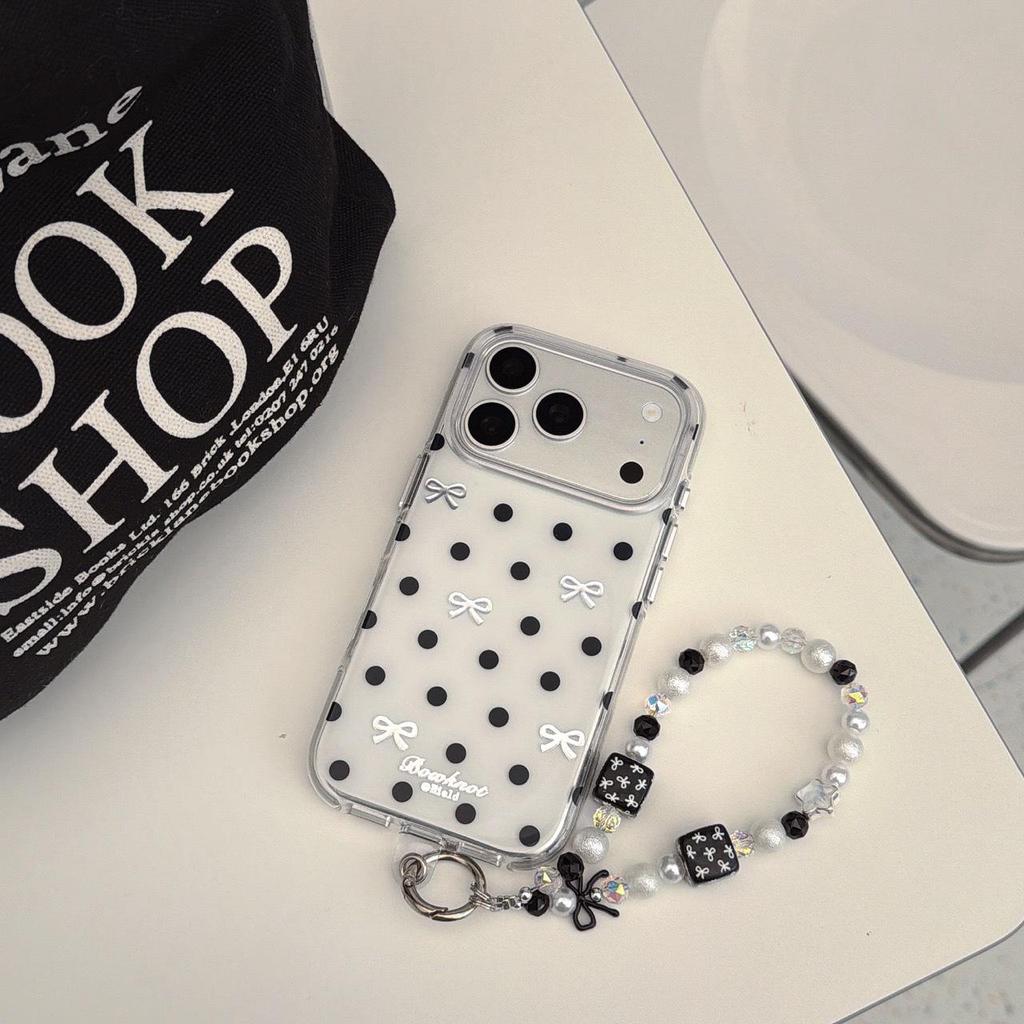 Simple Black and White Polka Dot Bow Phone Case for iPhone 17 Pro Max/16, Double Layer Design for Models 15/14.