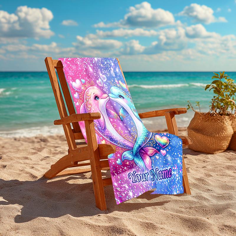 1PC Custom Name Dolphins Love Artwork Beach Towel Highly Absorbent And Sand-Resistant Towel for Swimming, Pool, Yoga, And Travel Lightweight