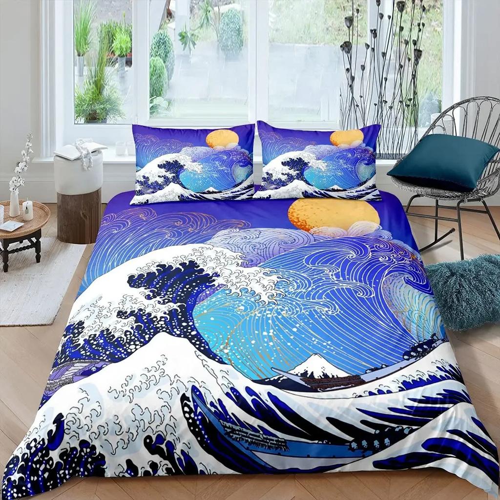Comforter Japanese Wave King Queen Blue Sea Bedding Set Maple Leaf Moon Hokusai Ukiyo-E Polyester Comforter