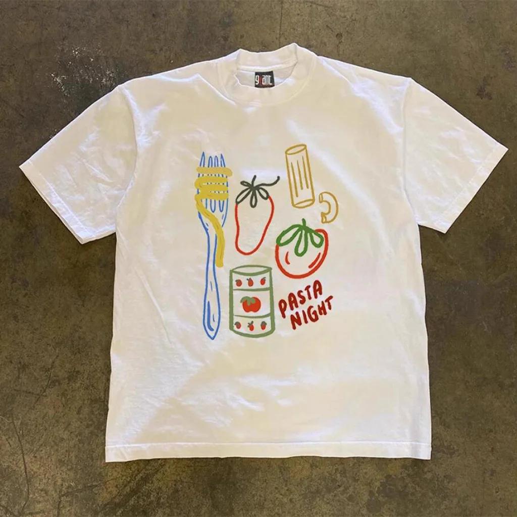 

Vintage Style Pasta Night Printing Unisex T Shirts Short Sleeve Loose Pure Cotton Graphic Top Ins Fashion Women Tee Retro Shirts S