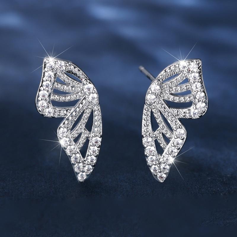 White K all-white diamond wing stud earrings, full diamond super flash zircon earrings, versatile jewelry.