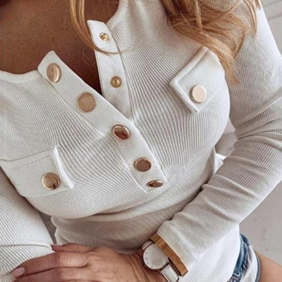 Sexy Women Long Sleeve Solid Color Buttons Ribbed Slim Plus Size Low-cut Blouse