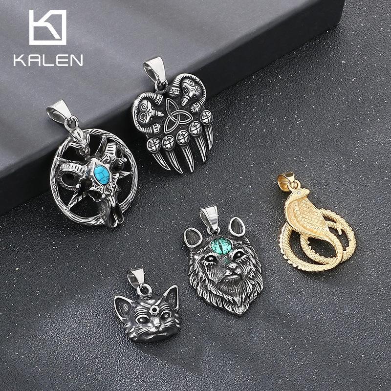 Vintage Turquoise Pentagram Satan Ram Accessories, Viking Bear Claw Cat'S Eye Stone Wolf Head Titanium Steel Men'S Pendant