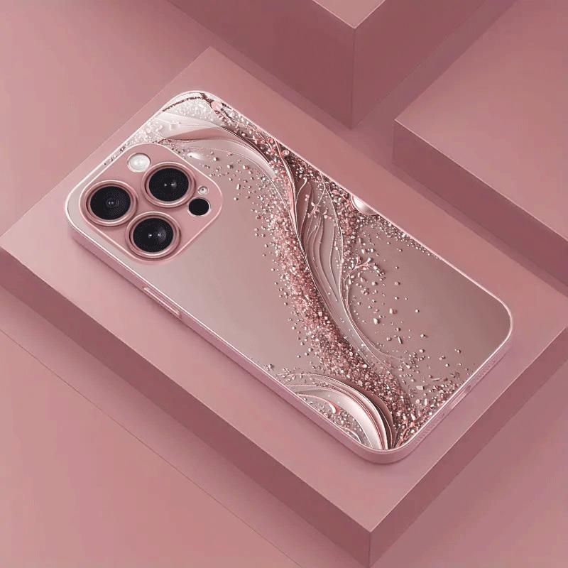 

Pink Golden Ripple Pattern Metal Paint Tempered Glass Phone Case For iPhone 17 16 15 14 13 12 11 Pro Max Plus 16E 17Air Cover iPhone 12 Pro Max